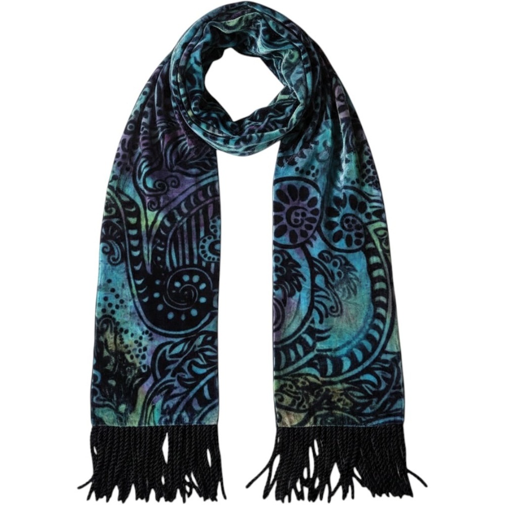 Unbranded Velvet Burnout Scarf‎ OS Teal Purple Paisley Fringe Whimsigoth Boho